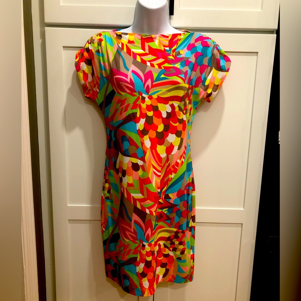 Trina Turk Women's Boat Neck Capped Sleeve Multicolor Bright Mini Dress Size XS